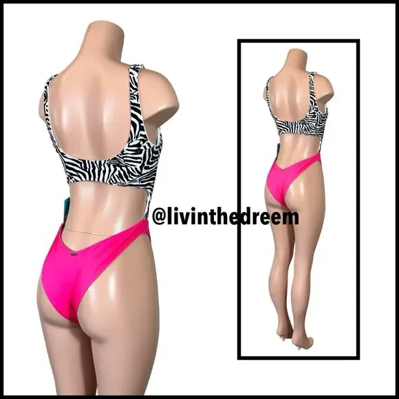 Beach Bunny Kelly Monokini One Piece Zebra Stripe and Barbie Pink SZ L $170